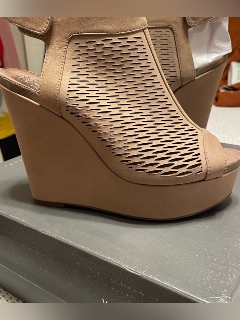 Vince Camuto Taupe Laser-Cut Peep-Toe Wedge Slingbacks size 7.5